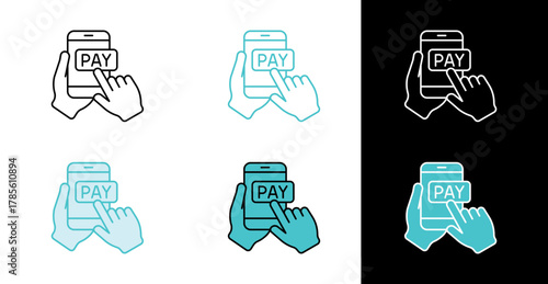 Mobile phone pay button icon for online payment and digital transactions in line and fill style