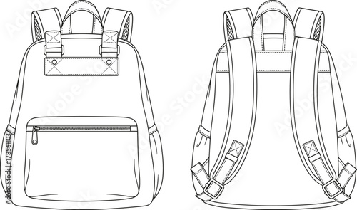 Front and back view of modern school backpack, detailed vector line drawing illustration for travel, education, fashion, and accessory design