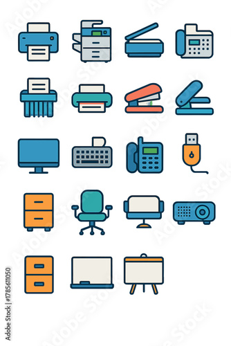 Office equipment icon set icons in modern flat vector style in minimalistic vibrant color design: [Printer, Copier, Scanner, Fax machine, Shredder,