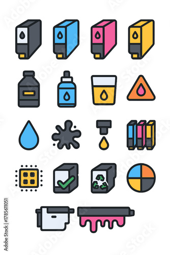 Ink & toner icon set icons in modern flat vector style in minimalistic vibrant color design: [Black cartridge, Cyan cartridge, Magenta cartridge,