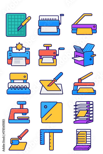 Print shop tools icon set icons in modern flat vector style in minimalistic vibrant color design: [Cutting board, Binding machine, Paper cutter,