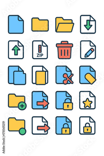 File Management icons in modern flat vector style in minimalistic vibrant color design: File icon, folder icon, open folder, download arrow, upload