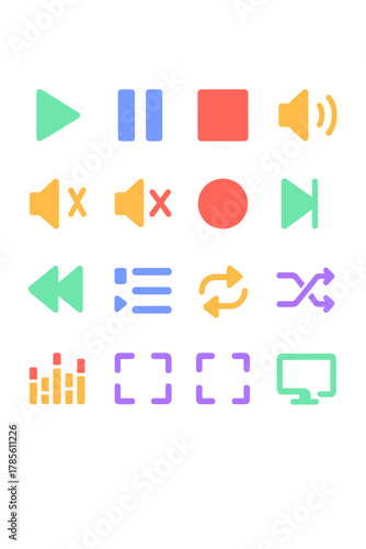 Content Control icons in modern flat vector style in minimalistic vibrant color design: Play button, pause button, stop icon, volume up, volume down,