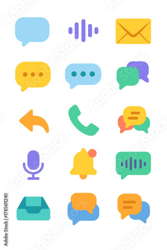 Communication Methods icons in modern flat vector style in minimalistic vibrant color design: Speech bubble, voice wave, email icon, video call,