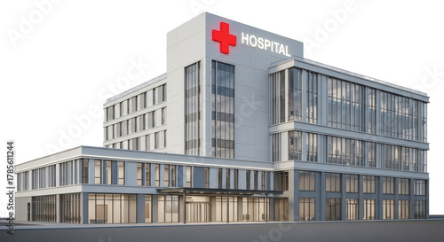 Modern Hospital Building With Red Cross Symbol And Glass Facade Exterior View Isolated On Transparent Background