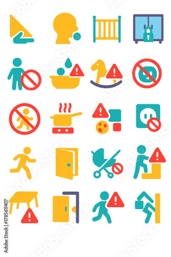 Child Safety Warnings icons in modern flat vector style in minimalistic vibrant color design: Sharp corner, choking hazard, baby gate, chemical