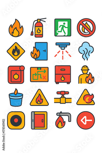Fire Risk and Response icons in modern flat vector style in minimalistic vibrant color design: Fire flame, extinguisher icon, emergency exit, no open