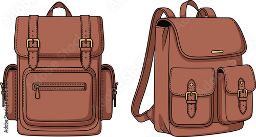 Stylish brown leather backpacks with front pockets and buckles, detailed vector illustration of fashion travel bags for men and women