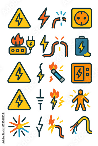 Electrical Hazard Symbols icons in modern flat vector style in minimalistic vibrant color design: High voltage sign, lightning bolt, broken wire,