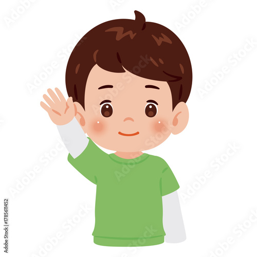片手を高く上げた男の子　上半身イラスト／Upper Body Illustration of Boy Raising One Hand High