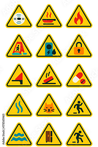 Home Hazard Signs icons in modern flat vector style in minimalistic vibrant color design: Carbon monoxide detector, hot stove icon, broken glass, open