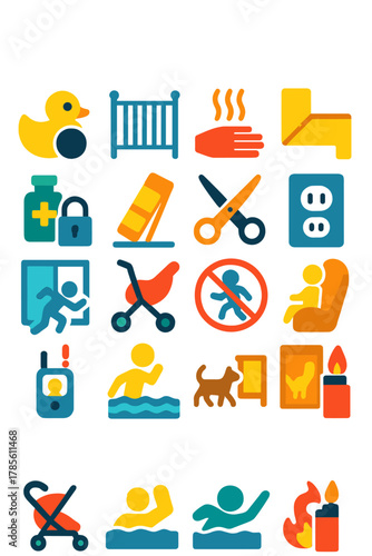 Child Safety Alerts icons in modern flat vector style in minimalistic vibrant color design: Toy choking hazard, baby gate, hot water warning, corner