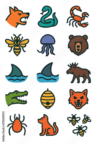 Animal Risk Symbols icons in modern flat vector style in minimalistic vibrant color design: Aggressive dog sign, venomous snake, scorpion danger, bear