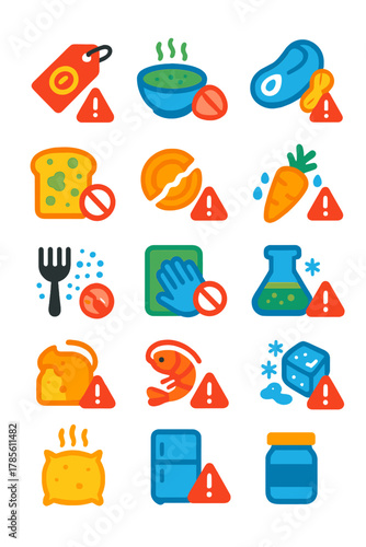 Food Safety Warnings icons in modern flat vector style in minimalistic vibrant color design: Expired food label, food poisoning alert, undercooked