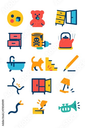 Children’s Environment Hazards icons in modern flat vector style in minimalistic vibrant color design: Small parts alert, choking toy, unstable
