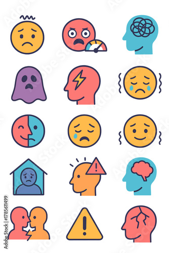 Emotional State Alerts icons in modern flat vector style in minimalistic vibrant color design: Anxiety icon, panic face, anger meter, emotional