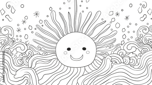 Line art illustration of God creating light and separating darkness, symbolic creation concept, spiritual and biblical scene, minimal sacred design expressing faith, origin, balance and divine power