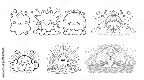 Line art illustration of God creating light and separating darkness, symbolic creation concept, spiritual and biblical scene, minimal sacred design expressing faith, origin, balance and divine power