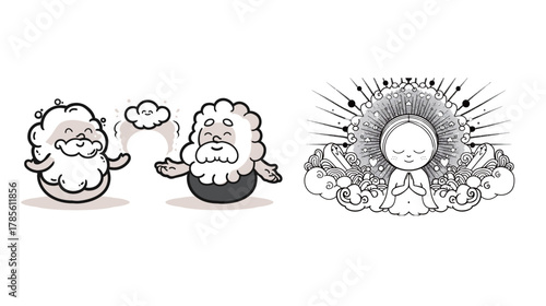 Line art illustration of God creating light and separating darkness, symbolic creation concept, spiritual and biblical scene, minimal sacred design expressing faith, origin, balance and divine power