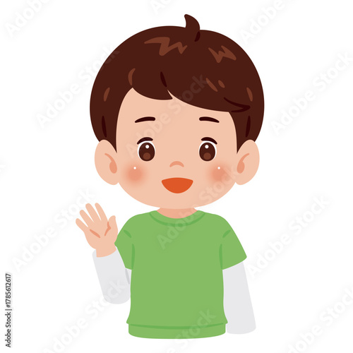片手を上げて挨拶する男の子　上半身イラスト／Upper Body Illustration of Boy Waving One Hand in Greeting
