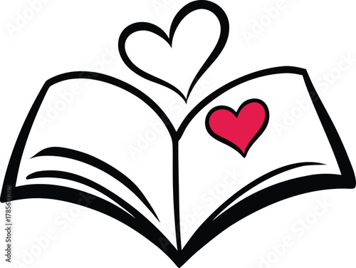Open book with doodled heart-shaped pages, bold silhouette, editable EPS vector file.