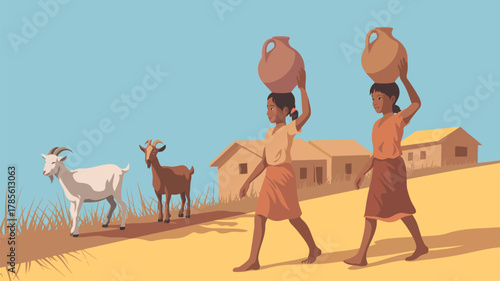 Two girls carrying water jugs on their heads walking past goats and huts under a clear blue sky