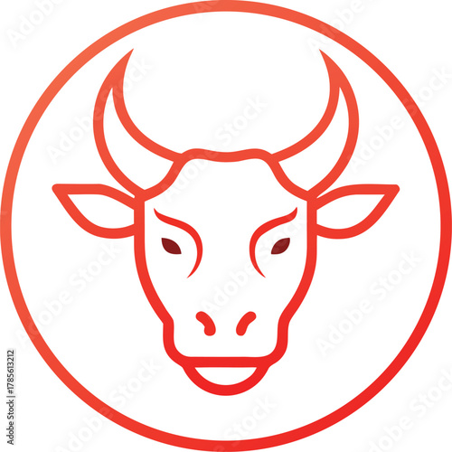 Ox line icon with symbolic horns in circle frame, bold silhouette, editable EPS file.