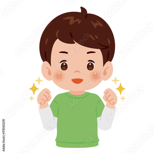 両手でガッツポーズをした男の子　上半身イラスト／Upper Body Illustration of Boy Doing Double Fist Pump with Bent Arms