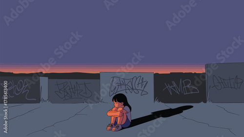 A girl sitting alone against graffiti walls during sunset with a purple and orange sky above her