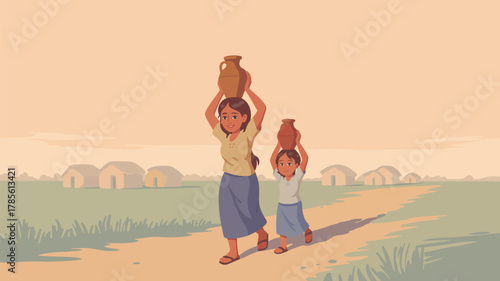 Mother and child carrying water pots on their heads walking along a path in a rural village