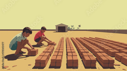 Two boys arranging bricks on a flat surface with a shed and palm trees in the background under a light sky