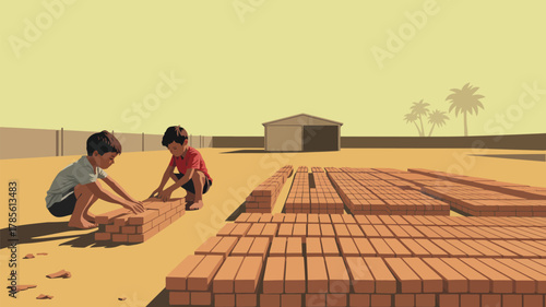 Two boys building a brick structure on a sandy lot with a shed and palm trees in the background