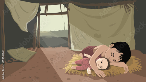 A child sleeping with a doll on a straw mat inside a makeshift shelter with fabric and wooden supports