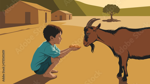 A boy offering bread to a goat in a rural setting with houses and a tree in the background scenery