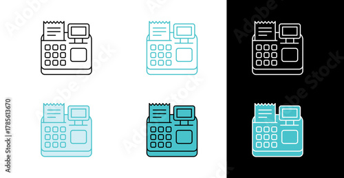 POS device icon for retail business and cashier operation in line and fill style