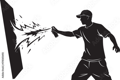 Graffiti Artist Silhouette Vector – Male Street Painter Spraying Paint with Aerosol Can, Urban Art and Creativity Concept, Minimal Black Illustration on White Background