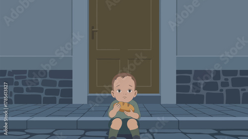 A cartoon child sitting on a step eating bread in front of a door with a stone wall backdrop