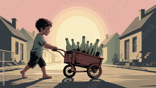 A boy pulls a cart filled with bottles down a street lined with houses under a bright sky art style