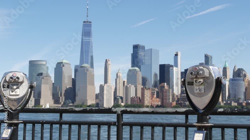 New York City Manhattan Downtown Financial District skyline, World Trade Center from New Jersey Liberty state park, United States. Hudson river waterfront cityscape, skyscraper buildings, tower viewer