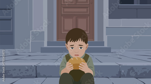 A boy sitting on stone steps holding bread in front of a door in a gray building illustration