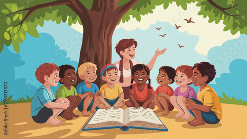 Teacher reading to children sitting around a large book under a tree in a colorful illustration