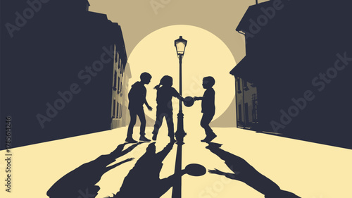 Silhouette of children playing with a ball near a lamppost in a street surrounded by buildings