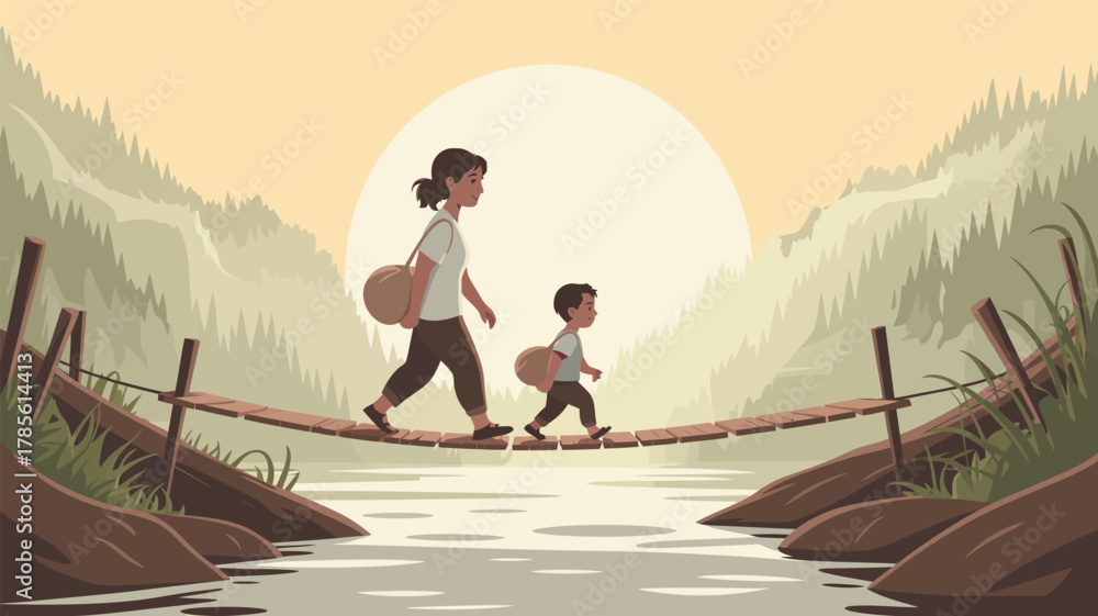 Naklejka premium A mother and child crossing a bridge over water with mountains and sun in the background art style