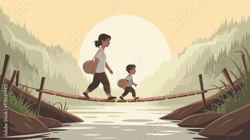 A mother and child crossing a bridge over water with mountains and sun in the background art style