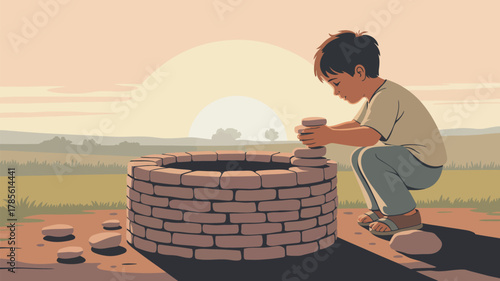A boy building a stone tower on a well in a field at sunset with a bright sun in the background