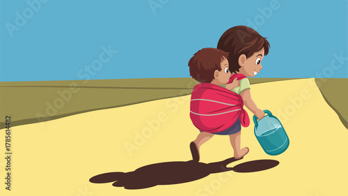 Cartoon illustration of a woman carrying a child and water container on a desert road trip scene