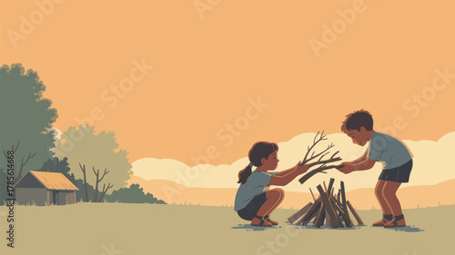 A girl and boy build a campfire with sticks in a field near a small house under an orange sky at dusk