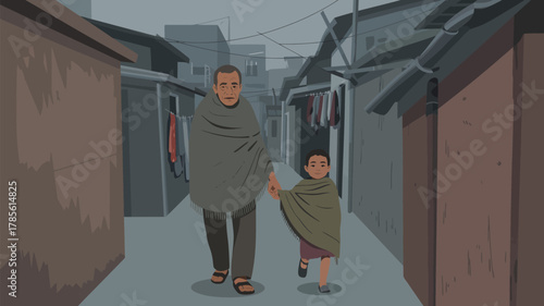 A man and child walking together down an alleyway wrapped in shawls on a cold day in an urban area