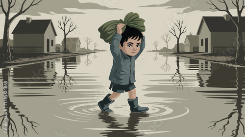 A boy carries a sack through flooded street with houses and bare trees reflected in the water surface