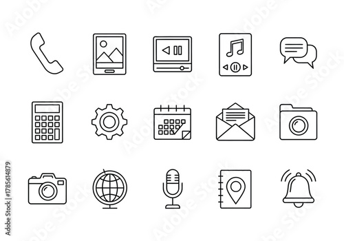 A set of clean, minimalist line art icons representing common digital functions and tools.